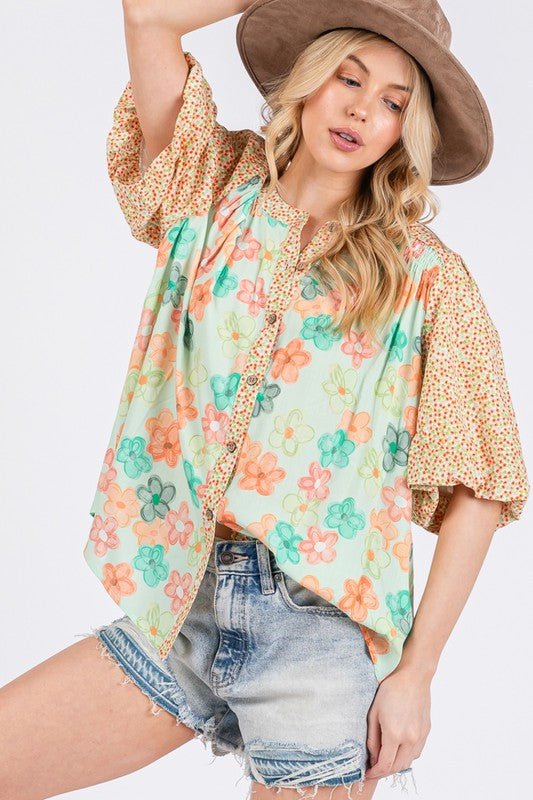 SAGE+FIG - Light Green Button Down Bubble Sleeve Shirt