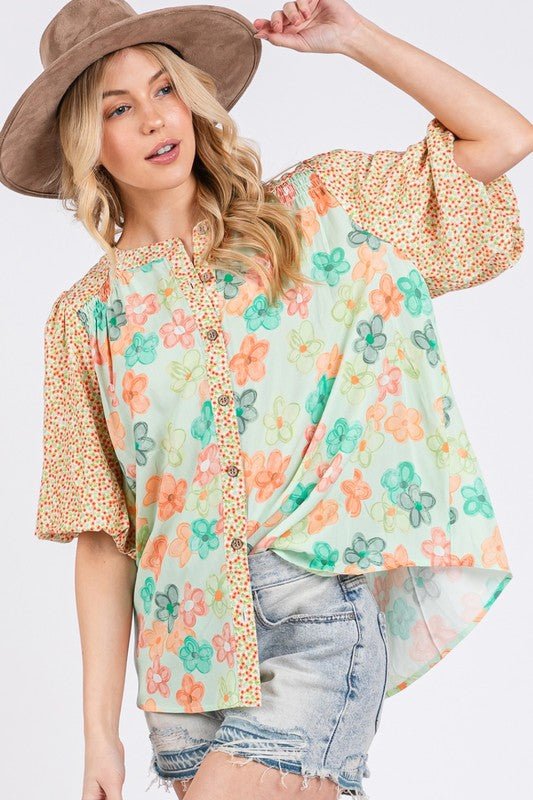 SAGE+FIG - Light Green Button Down Bubble Sleeve Shirt