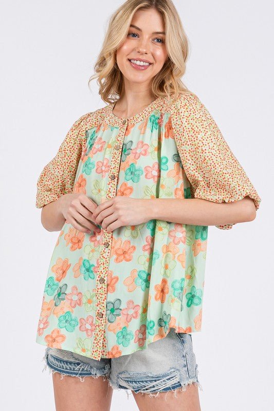 SAGE+FIG - Light Green Button Down Bubble Sleeve Shirt