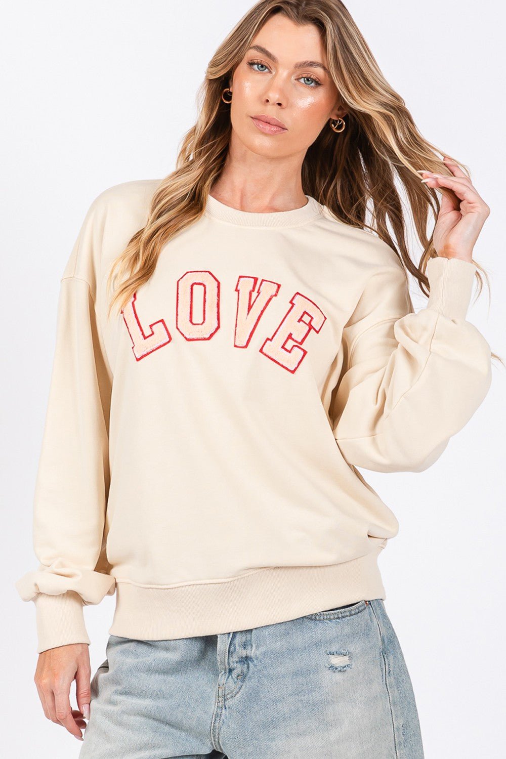 SAGE+FIG - LOVE Graphic Drop Shoulder Sweatshirt in Ivory