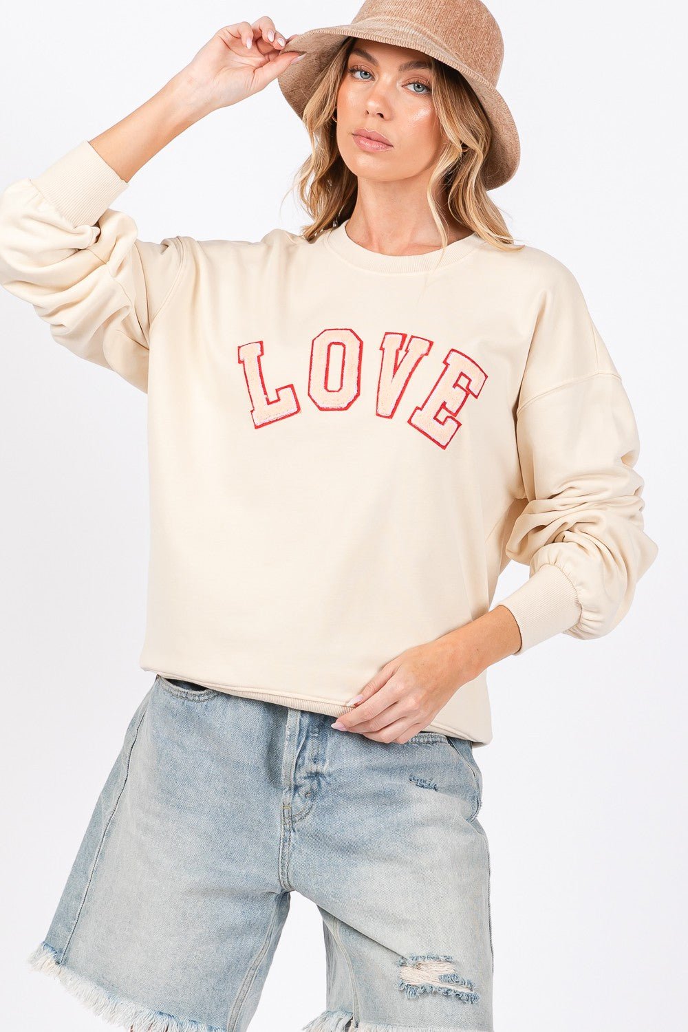 SAGE+FIG - LOVE Graphic Drop Shoulder Sweatshirt in Ivory