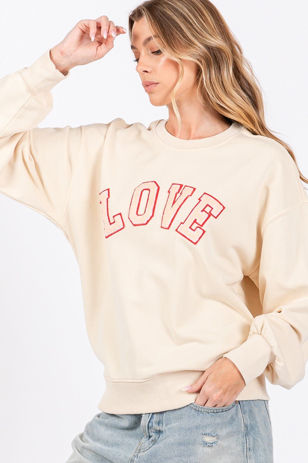 SAGE+FIG - LOVE Graphic Drop Shoulder Sweatshirt in Ivory