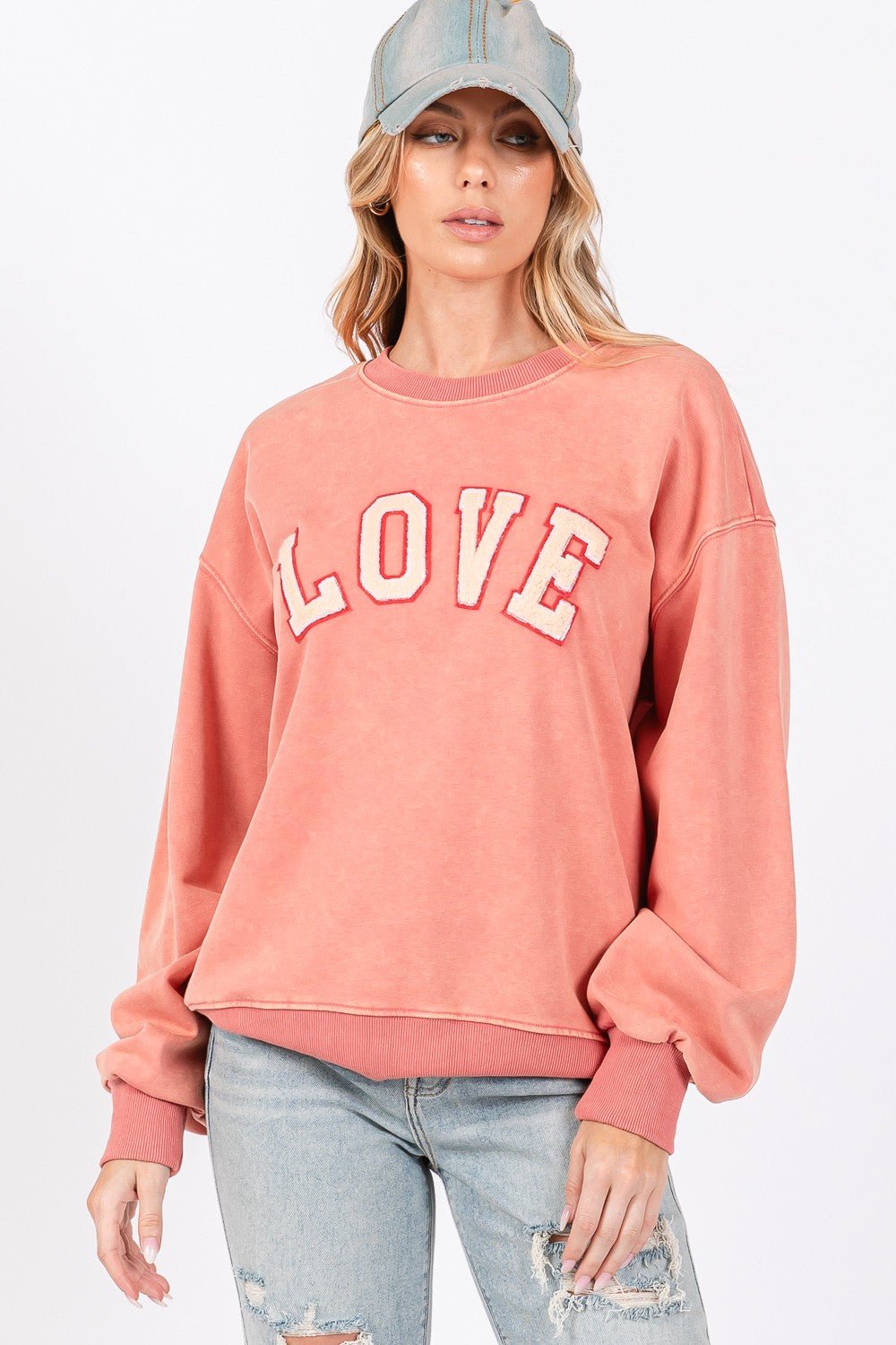 SAGE+FIG - LOVE Graphic Drop Shoulder Sweatshirt in Pink Orange