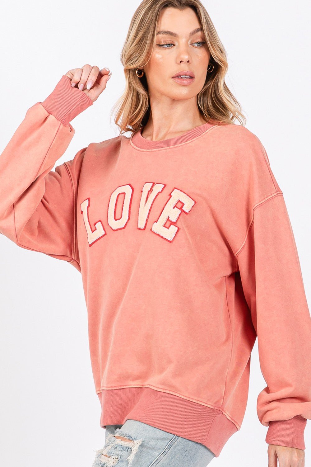 SAGE+FIG - LOVE Graphic Drop Shoulder Sweatshirt in Pink Orange