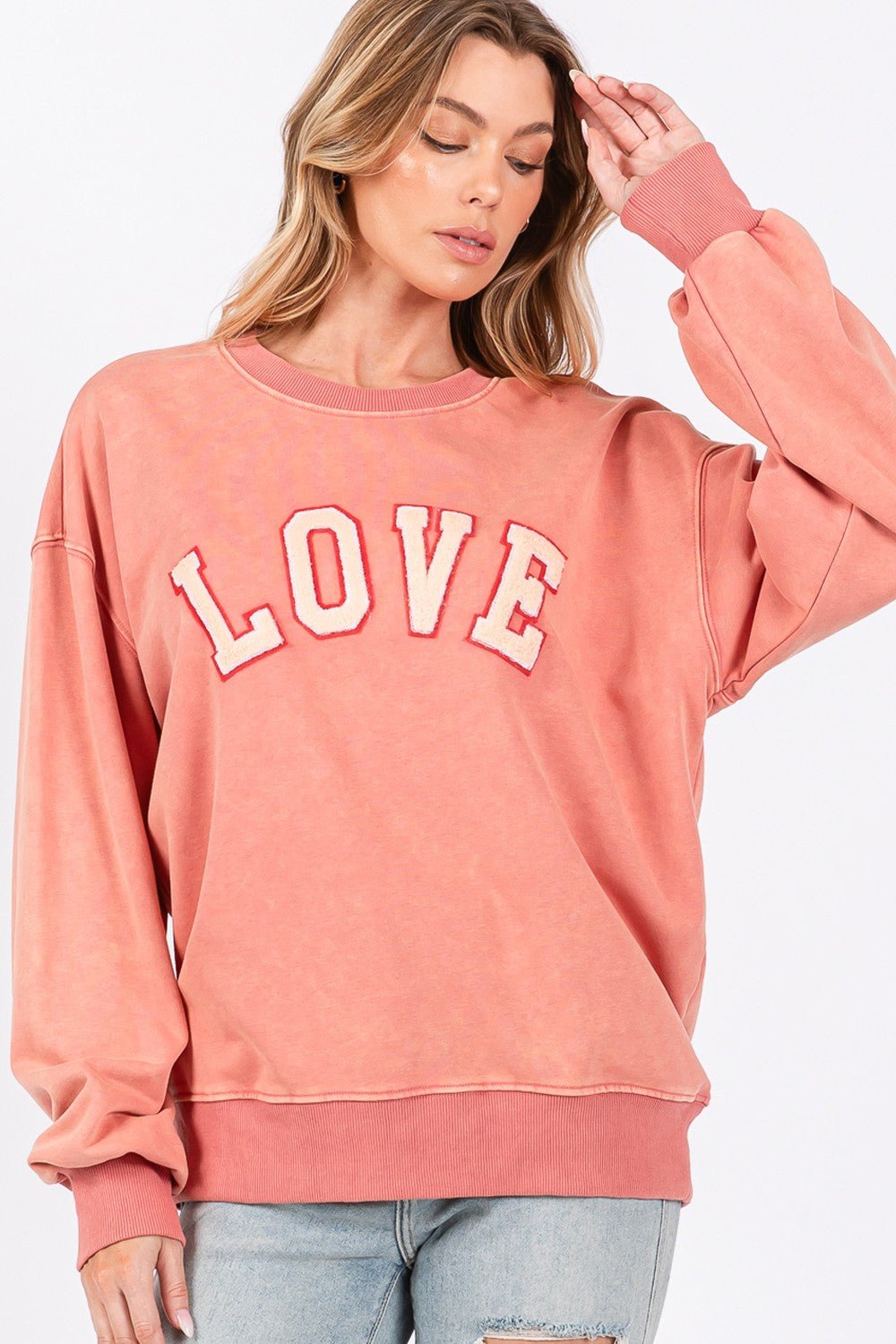 SAGE+FIG - LOVE Graphic Drop Shoulder Sweatshirt in Pink Orange