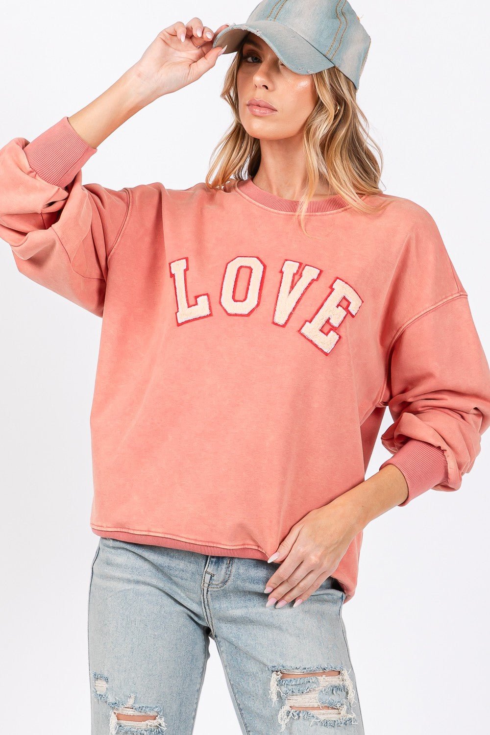 SAGE+FIG - LOVE Graphic Drop Shoulder Sweatshirt in Pink Orange