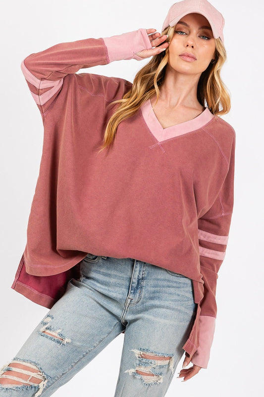 SAGE+FIG - Mineral Wash Contrast Tunic T - Shirt in Mulberry