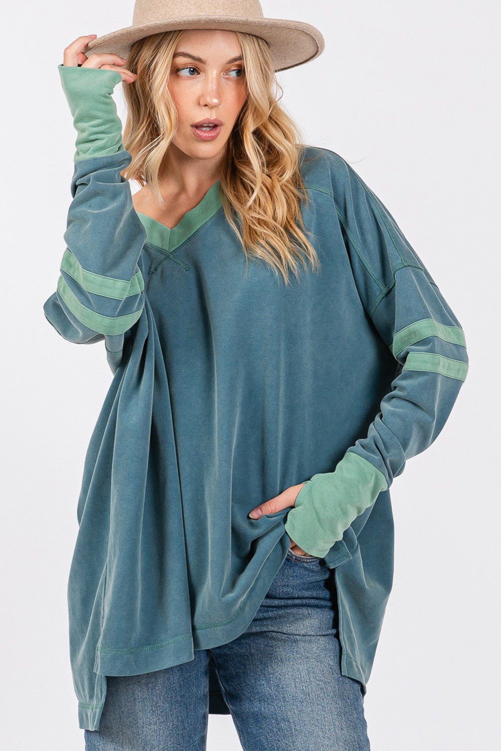 SAGE+FIG - Mineral Wash Contrast Tunic T - Shirt in Teal