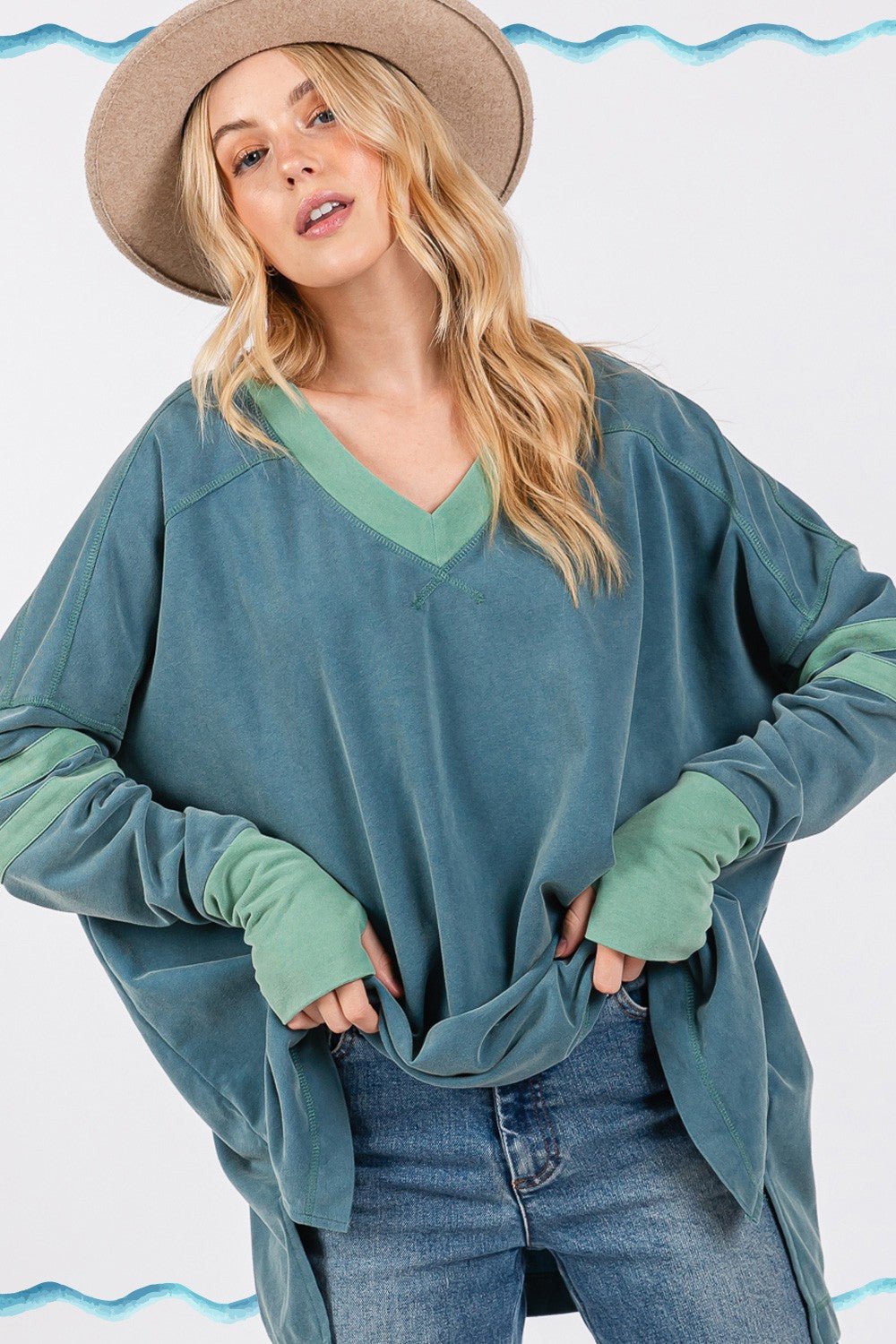 SAGE+FIG - Mineral Wash Contrast Tunic T - Shirt in Teal