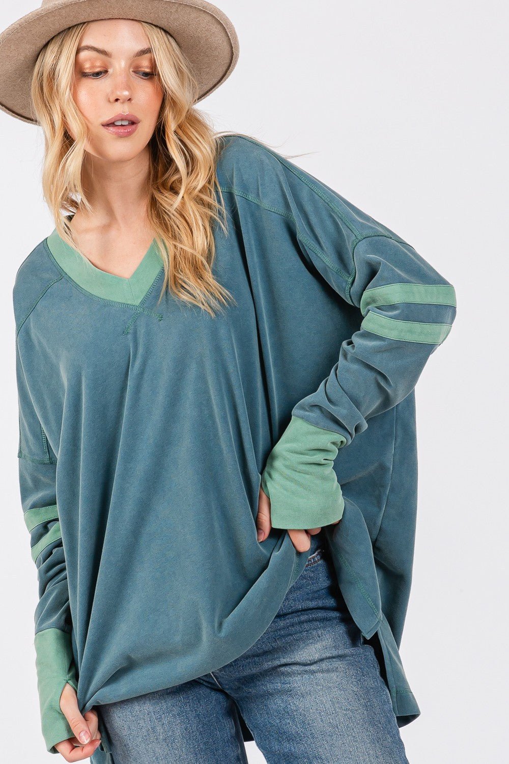 SAGE+FIG - Mineral Wash Contrast Tunic T - Shirt in Teal