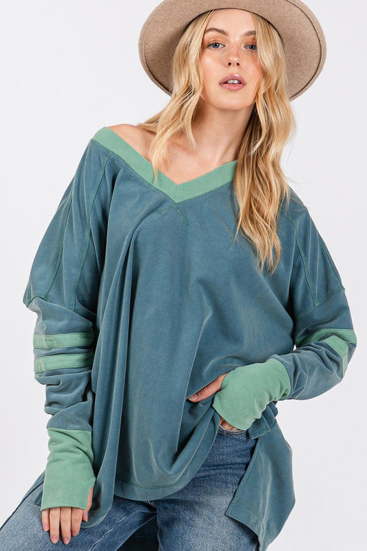 SAGE+FIG - Mineral Wash Contrast Tunic T - Shirt in Teal