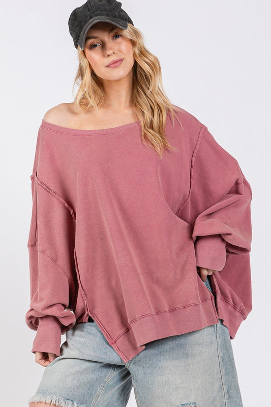 SAGE+FIG - Mineral Wash Oversized Tunic Sweatshirt in Mulberry