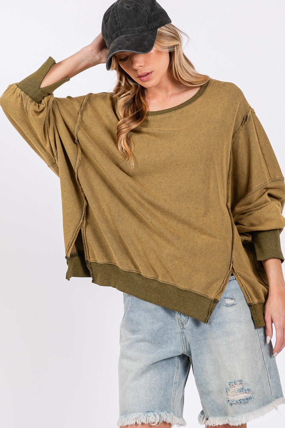 SAGE+FIG - Mineral Wash Oversized Tunic Sweatshirt in Olive