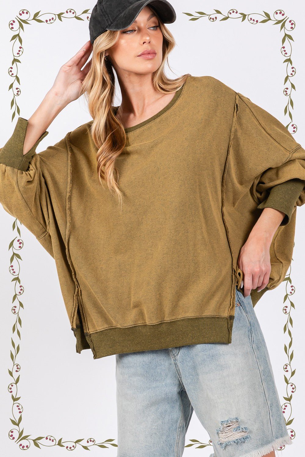 SAGE+FIG - Mineral Wash Oversized Tunic Sweatshirt in Olive