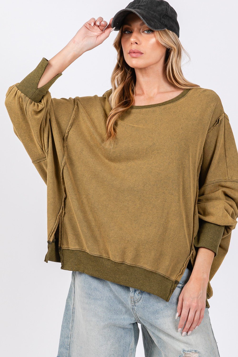 SAGE+FIG - Mineral Wash Oversized Tunic Sweatshirt in Olive