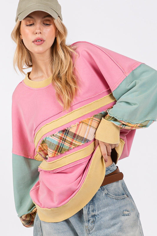 SAGE+FIG - Mineral Wash Raw Edge Color Block Sweatshirt in Barbie Pink