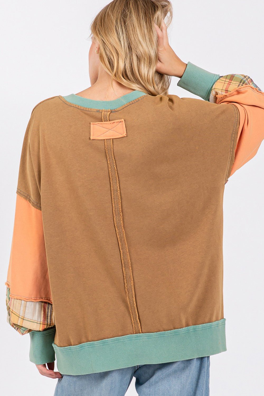 SAGE+FIG - Mineral Wash Raw Edge Color Block Sweatshirt in Hazelnut