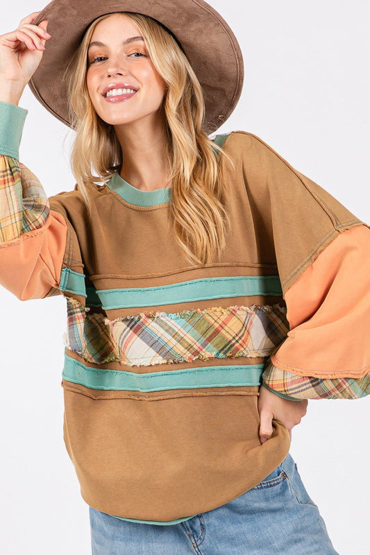 SAGE+FIG - Mineral Wash Raw Edge Color Block Sweatshirt in Hazelnut