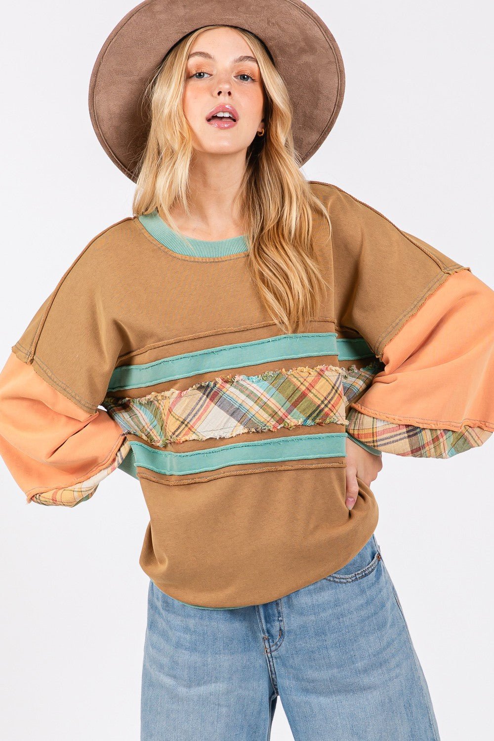 SAGE+FIG - Mineral Wash Raw Edge Color Block Sweatshirt in Hazelnut