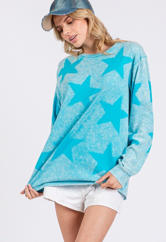 SAGE+FIG - Mineral Wash Star Pattern Long Sleeve T-Shirt in Aqua