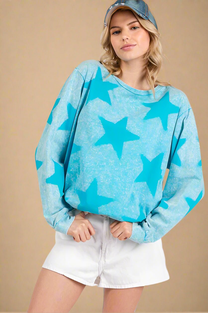 SAGE+FIG - Mineral Wash Star Pattern Long Sleeve T-Shirt in Aqua