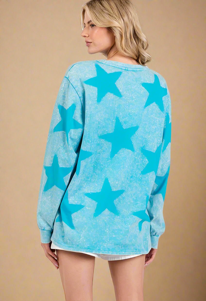 SAGE+FIG - Mineral Wash Star Pattern Long Sleeve T-Shirt in Aqua