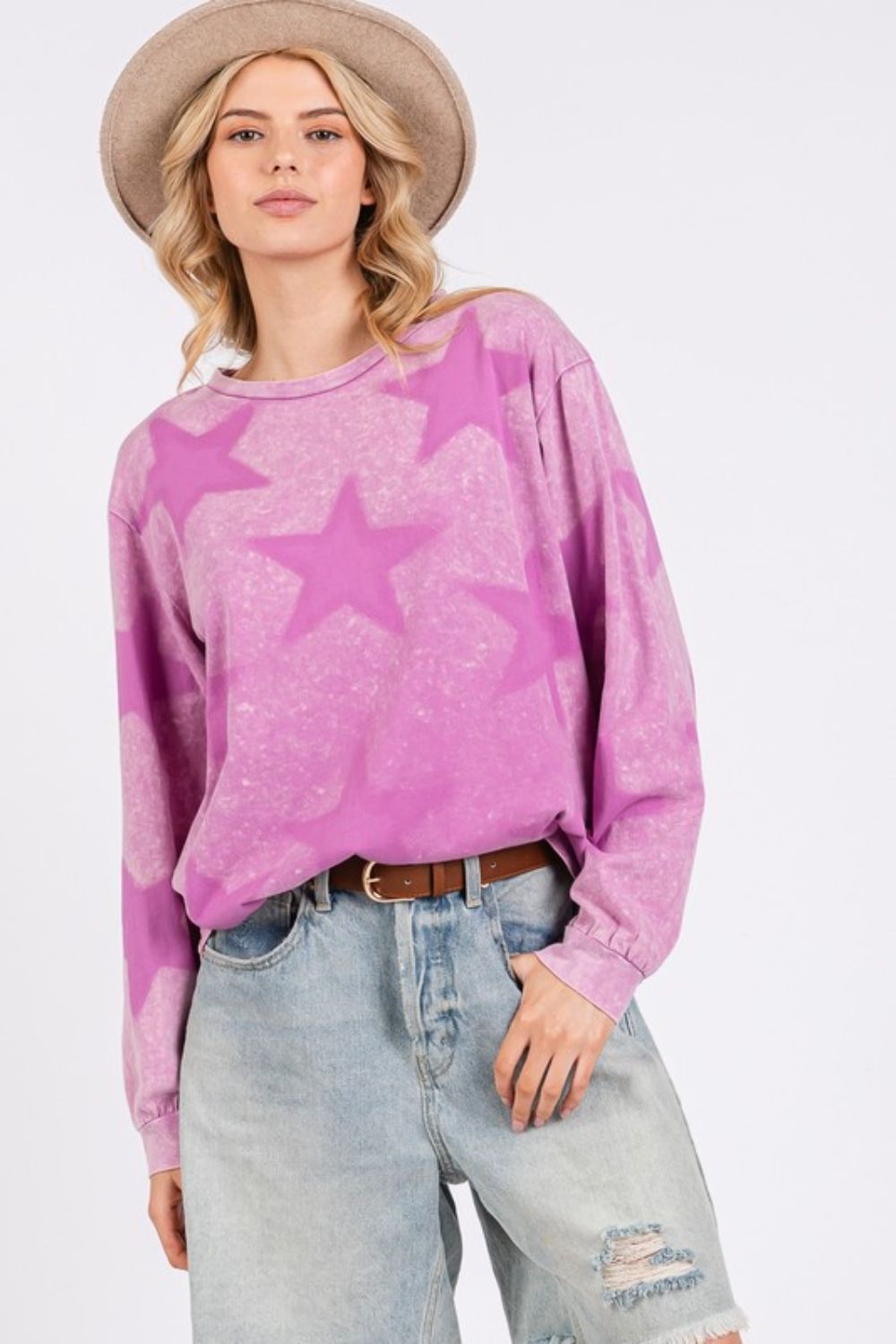 SAGE+FIG - Mineral Wash Star Pattern Long Sleeve T-Shirt in Moonlit Mauve