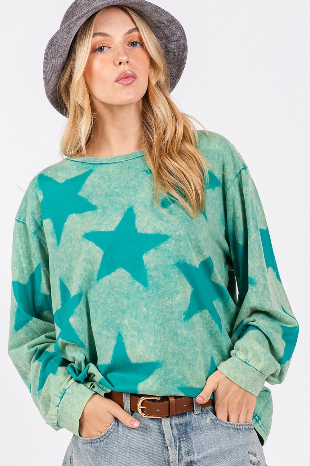 SAGE+FIG - Mineral Wash Star Pattern T-Shirt in Turquoise