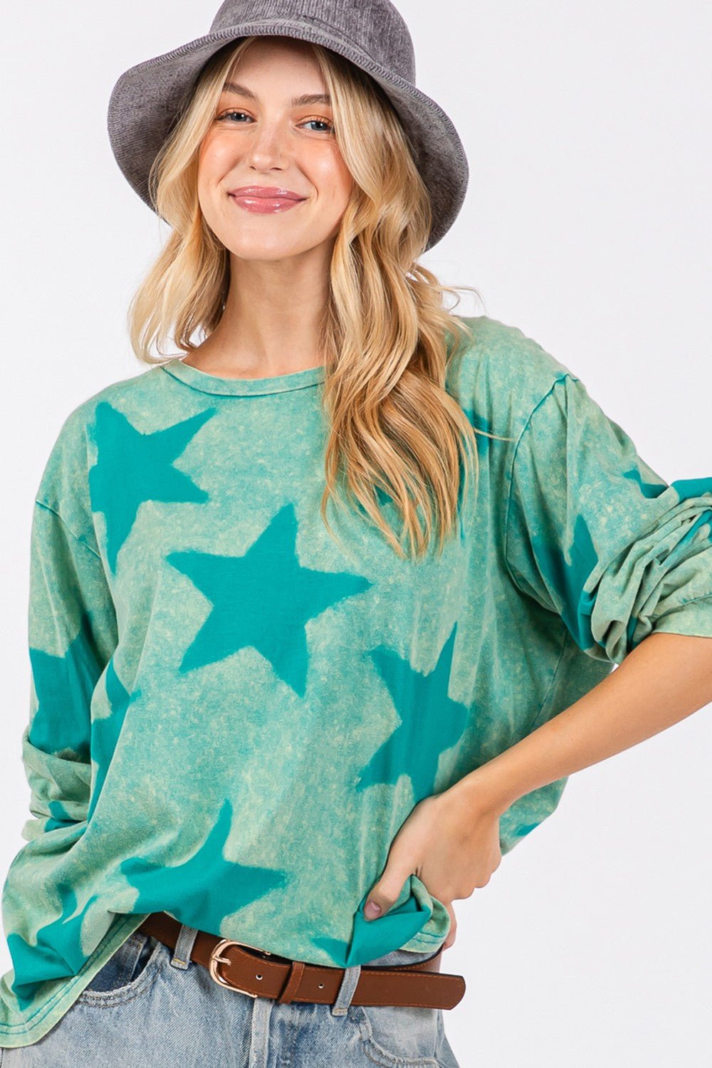 SAGE+FIG - Mineral Wash Star Pattern T-Shirt in Turquoise