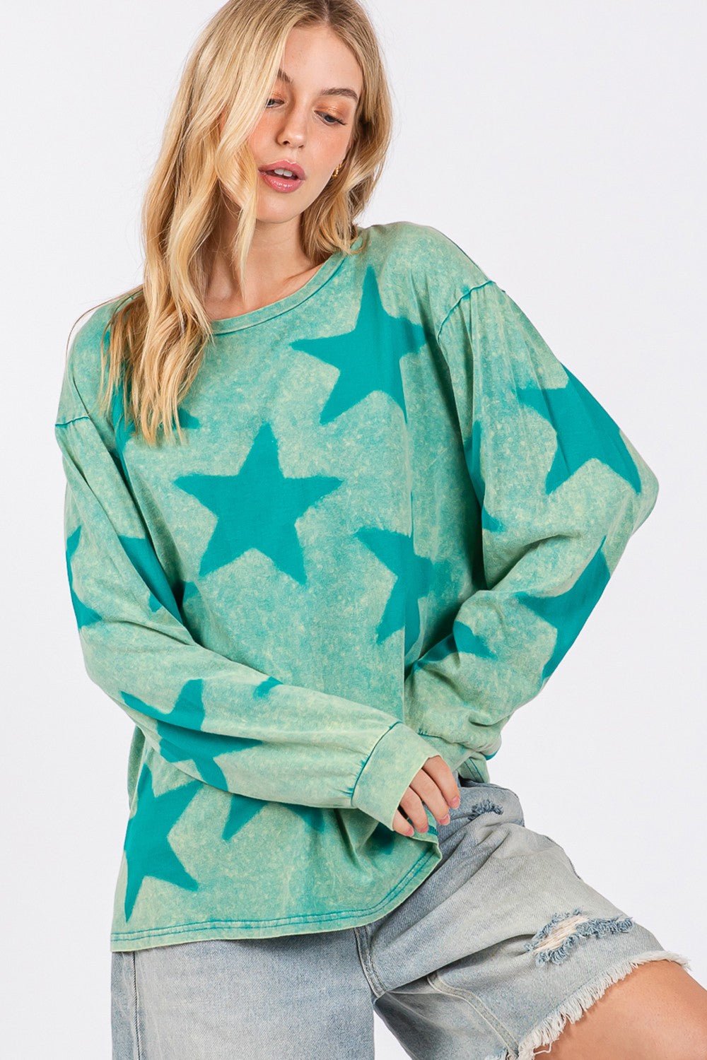 SAGE+FIG - Mineral Wash Star Pattern T-Shirt in Turquoise