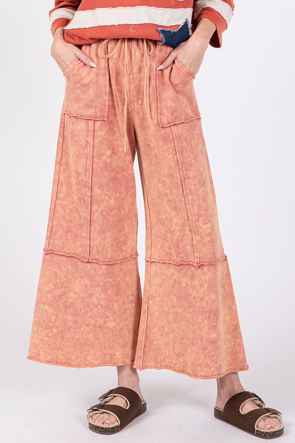 SAGE+FIG - Mineral Washed Terry Knit Wide Leg Pants in Raspberry