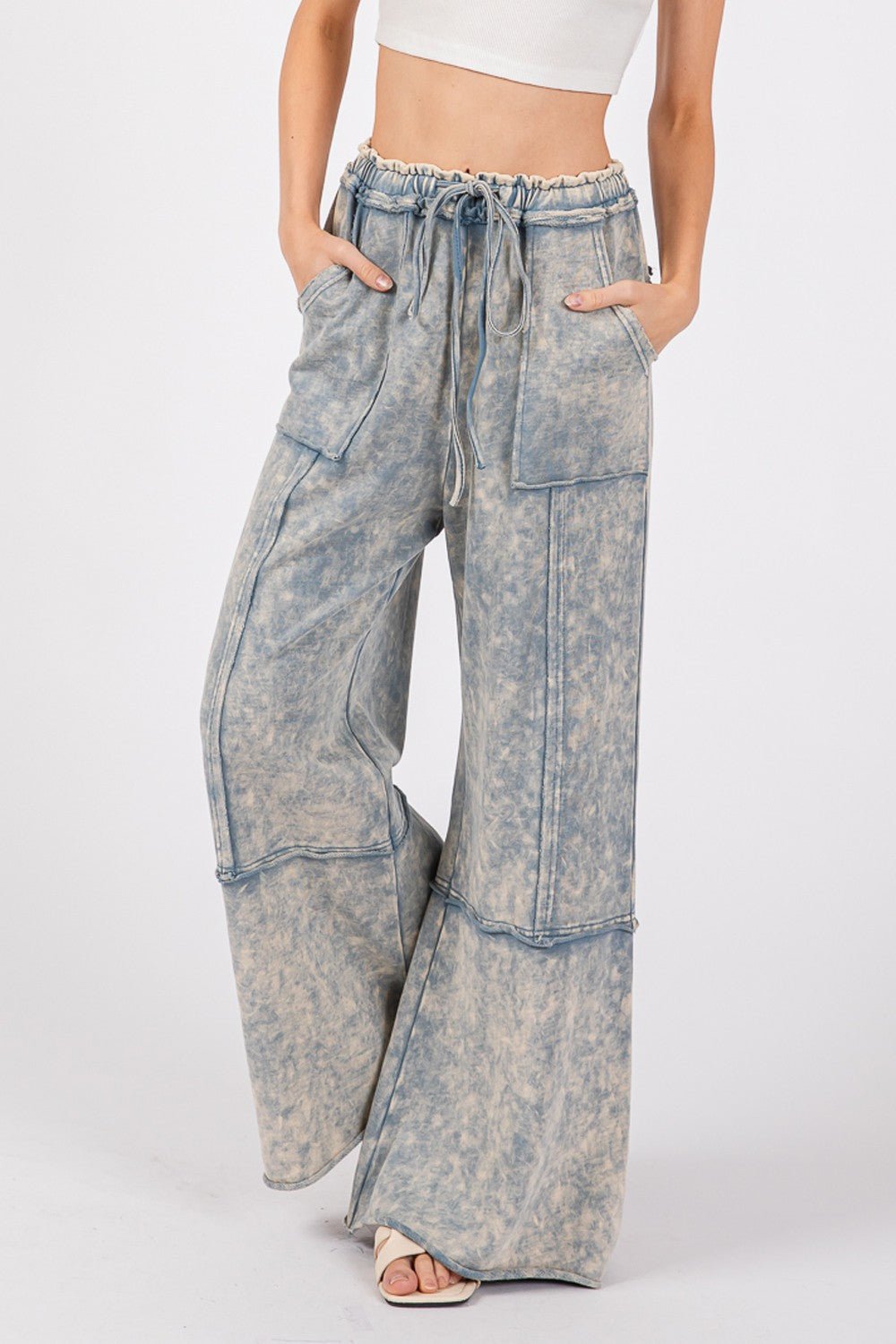 SAGE+FIG - Mineral Washed Terry Knit Wide Leg Pants in Slate Blue