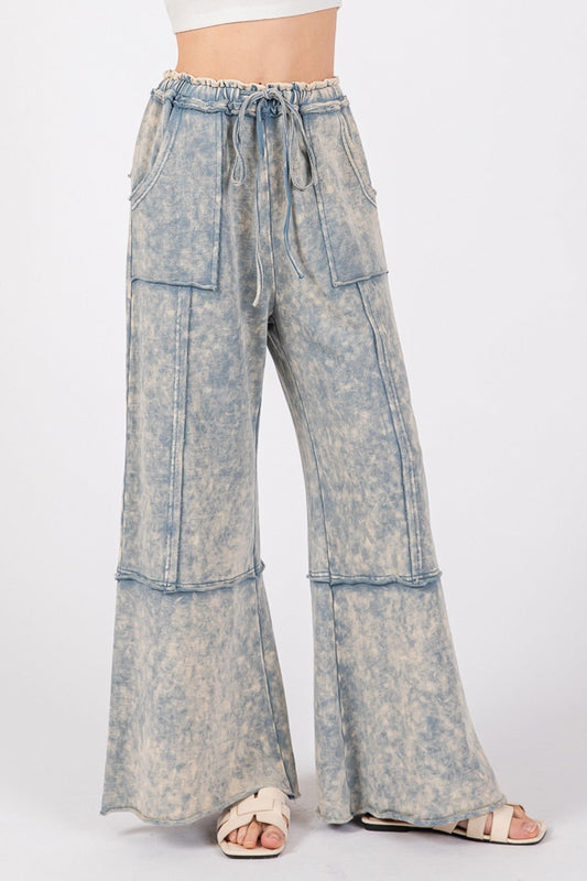 SAGE+FIG - Mineral Washed Terry Knit Wide Leg Pants in Slate Blue