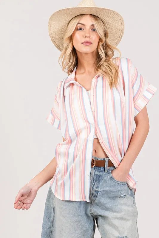 SAGE+FIG - Pastel Stripe Button Down Collared Shirt – Peach & Blue