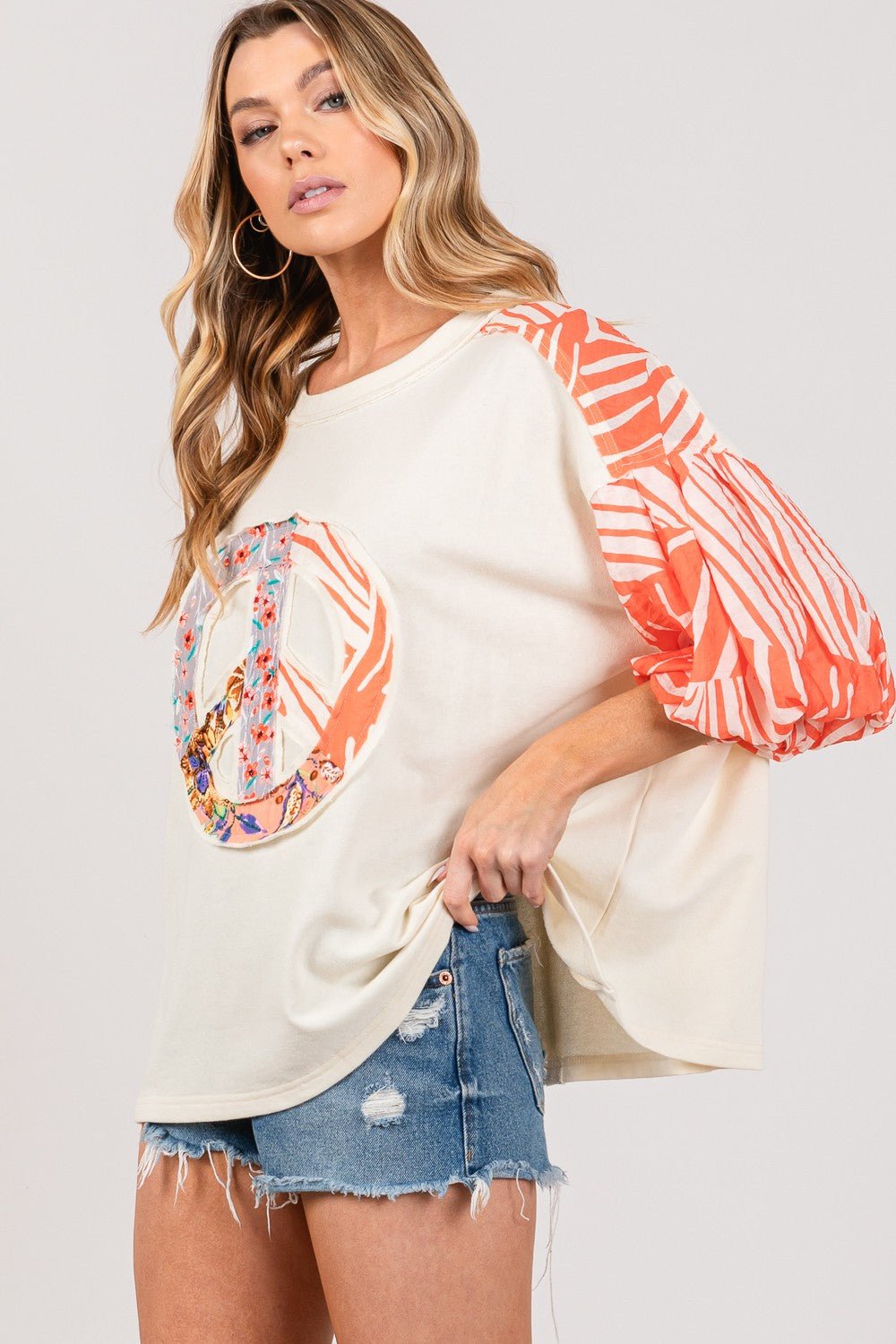 SAGE+FIG - Peace Sign Applique with Zebra Print Contrast Top in Tangerine