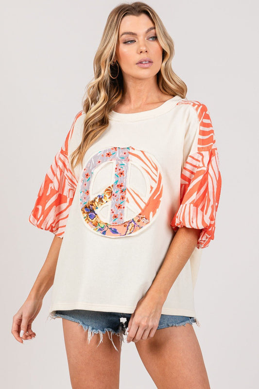 SAGE+FIG - Peace Sign Applique with Zebra Print Contrast Top in Tangerine