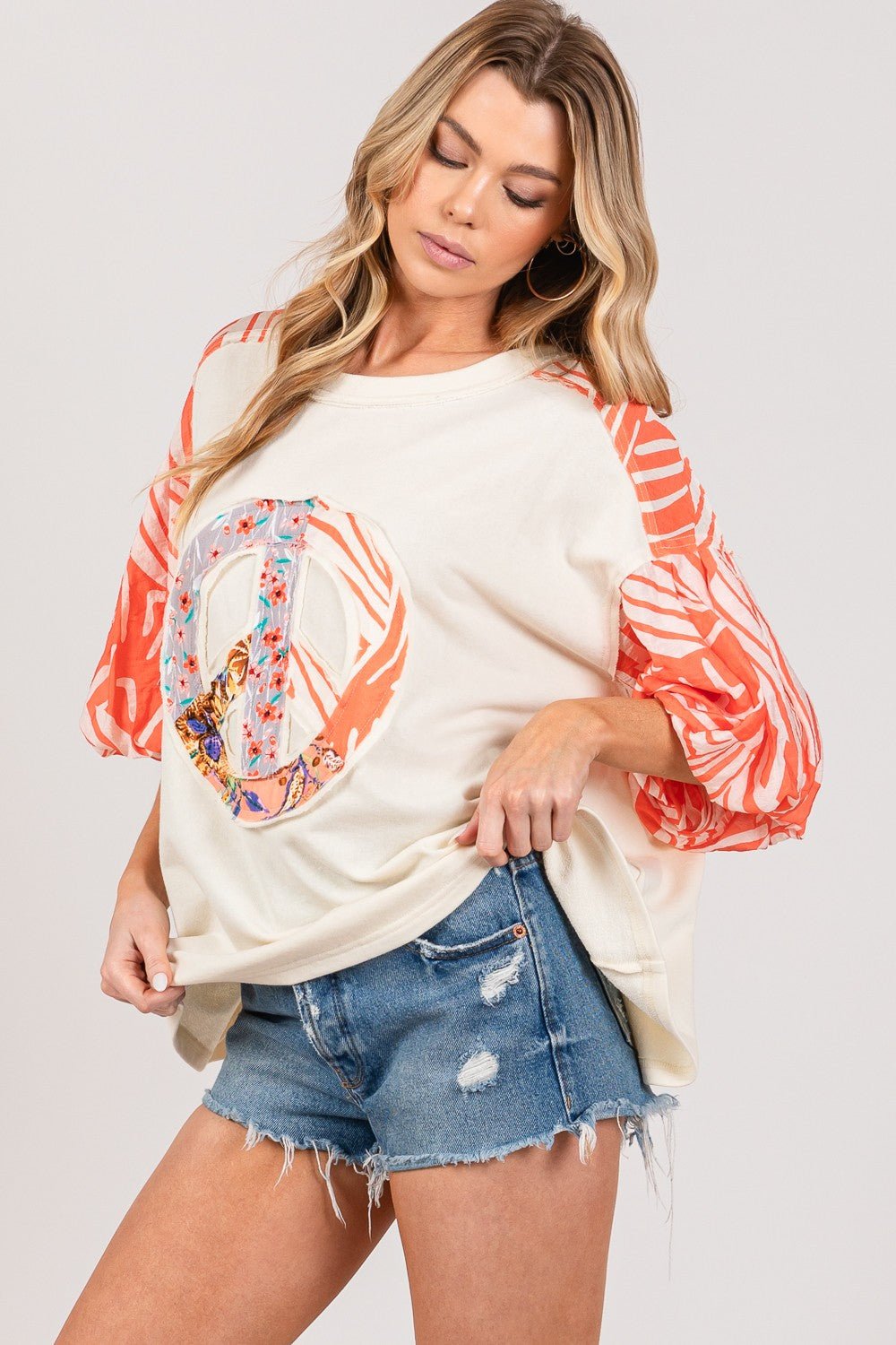 SAGE+FIG - Peace Sign Applique with Zebra Print Contrast Top in Tangerine