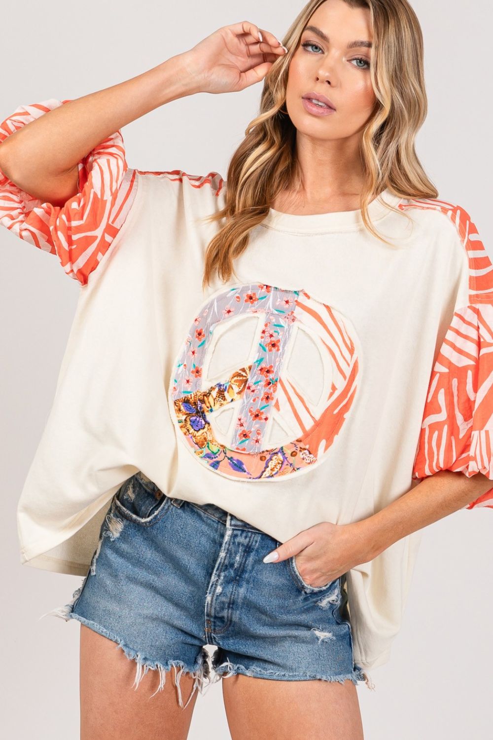 SAGE+FIG - Peace Sign Applique with Zebra Print Contrast Top in Tangerine