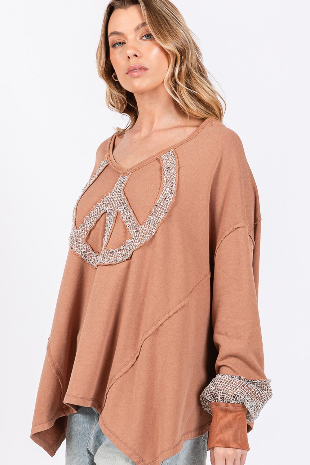 SAGE+FIG - Peace Sign Mineral Wash Terry Knit Top in Camel