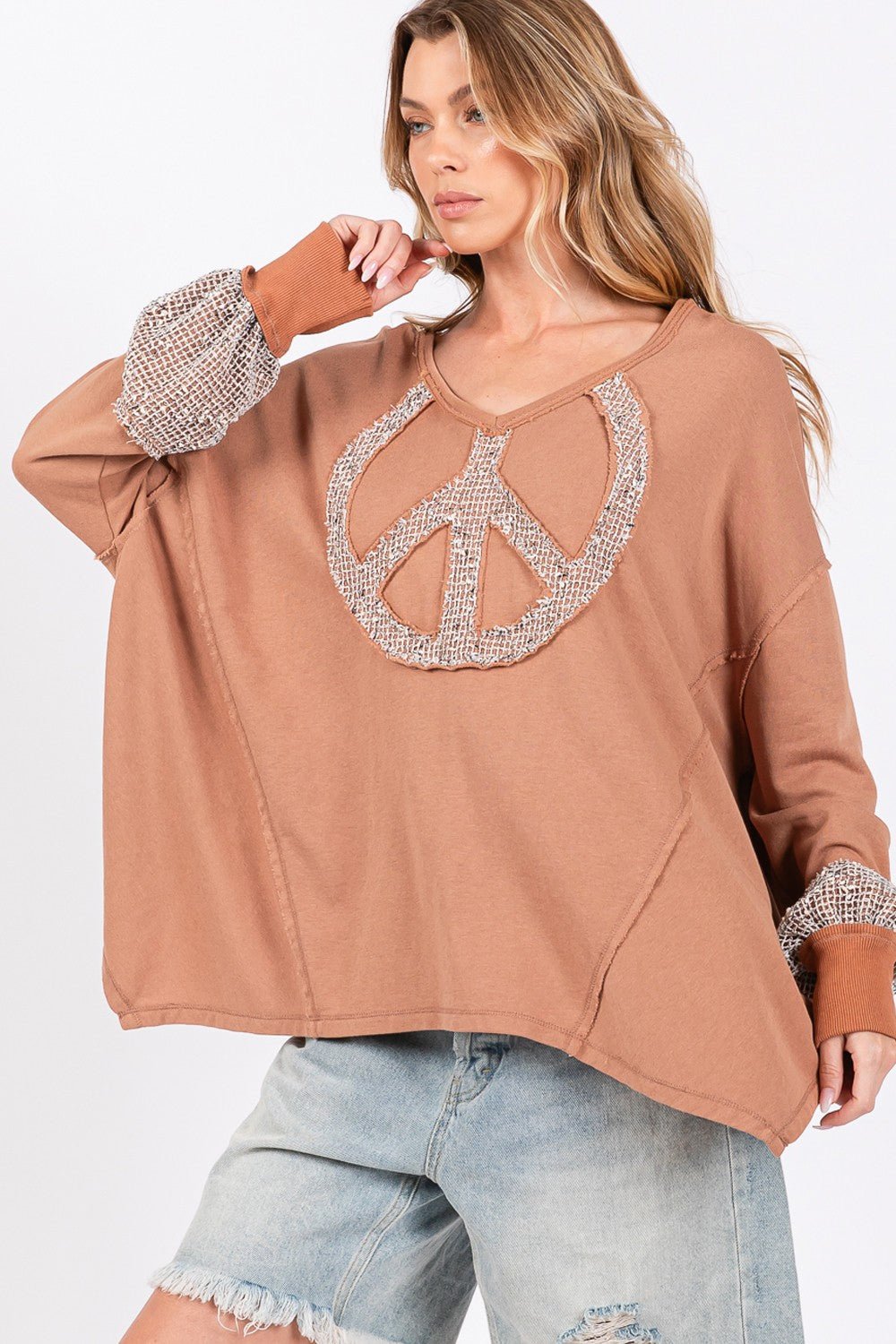 SAGE+FIG - Peace Sign Mineral Wash Terry Knit Top in Camel