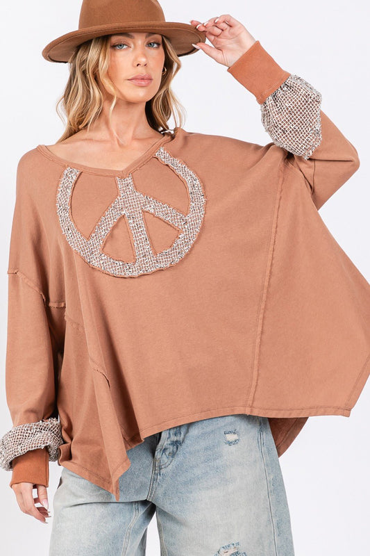 SAGE+FIG - Peace Sign Mineral Wash Terry Knit Top in Camel