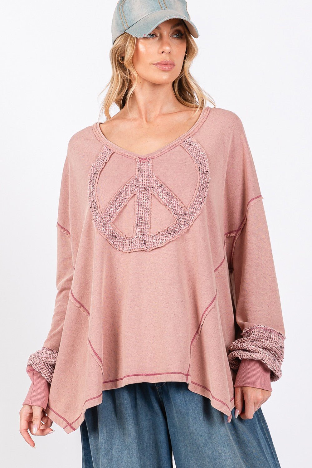 SAGE+FIG - Peace Sign Mineral Wash Terry Knit Top in Mauve