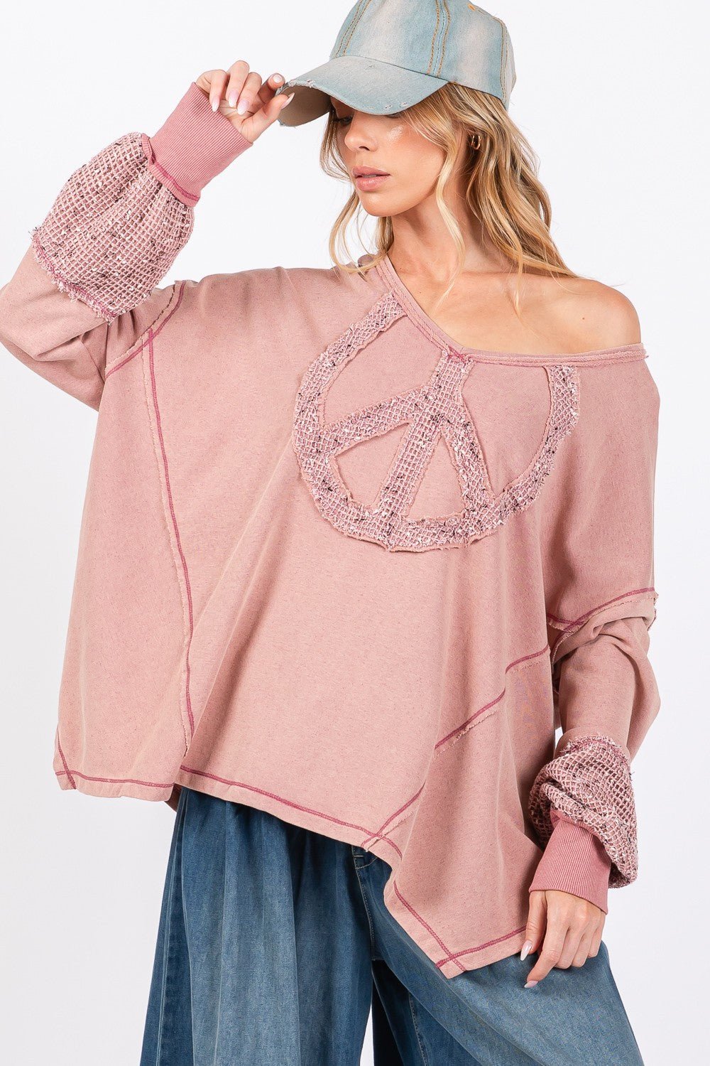 SAGE+FIG - Peace Sign Mineral Wash Terry Knit Top in Mauve