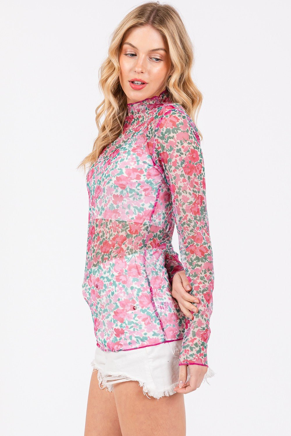 SAGE+FIG - Pink Floral Print Long Sleeve Mesh Top