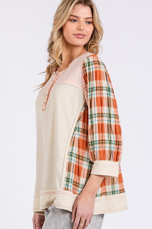 SAGE+FIG - Pink Plaid Button Detail Top