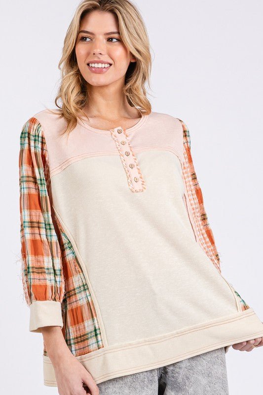 SAGE+FIG - Pink Plaid Button Detail Top