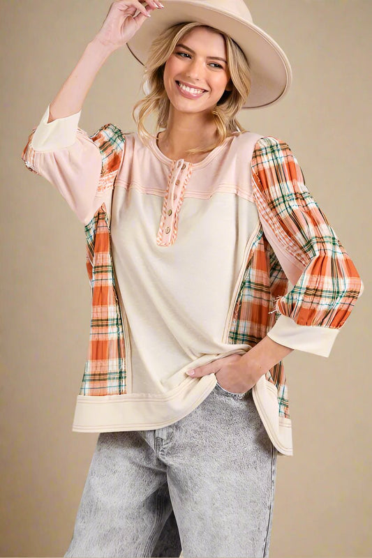SAGE+FIG - Pink Plaid Button Detail Top