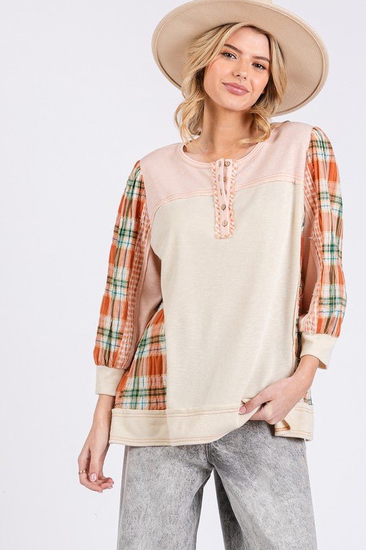 SAGE+FIG - Pink Plaid Button Detail Top