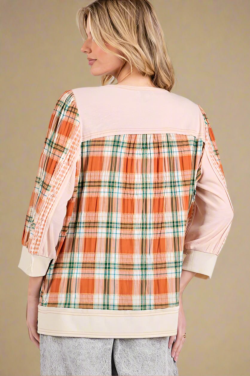 SAGE+FIG - Pink Plaid Button Detail Top
