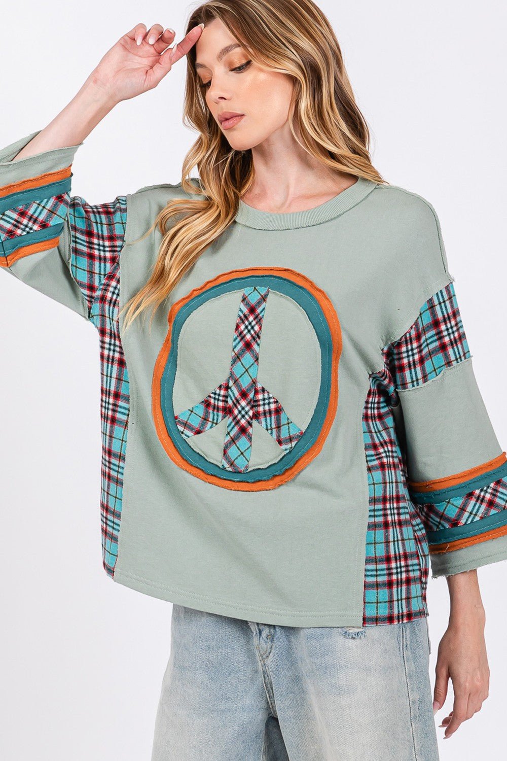 SAGE+FIG - Plaid Peace Patch Top in Autumn Sage